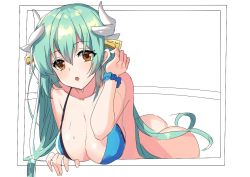 Rule 34 | 1girl, :o, arm up, ass, bare arms, bare shoulders, bikini, bikini top only, blue bikini, blue scrunchie, bottomless, breasts, brown eyes, cleavage, dragon horns, fate/grand order, fate (series), green hair, hair between eyes, head tilt, headgear, horns, kiyohime (fate), large breasts, long hair, looking at viewer, parted lips, scrunchie, shanguier, solo, swimsuit, very long hair, wrist scrunchie