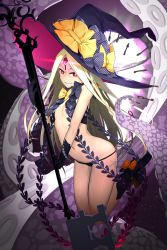 Rule 34 | 1girl, abigail williams (fate), abigail williams (third ascension) (fate), black bow, black gloves, black panties, black socks, blonde hair, bow, commentary request, fate/grand order, fate (series), full body, gloves, glowing, grey background, grin, hat, hat bow, highres, holding, holding staff, i-pan, kneehighs, long hair, looking at viewer, navel, no shoes, orange bow, panties, parted bangs, parted lips, polka dot, polka dot bow, purple hat, red eyes, revealing clothes, revision, smile, socks, solo, staff, underwear, v-shaped eyebrows, very long hair, witch hat