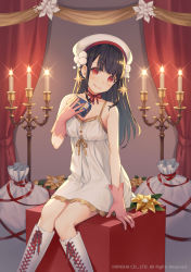 Rule 34 | 1girl, arm support, bare arms, bare shoulders, black hair, boots, breasts, candle, candlestand, choker, christmas, collarbone, commentary request, copyright request, cross-laced footwear, curtains, dress, gift, gloves, hand up, hat, highres, holding, holding gift, knee boots, knees together feet apart, long hair, looking at viewer, official art, pink gloves, red choker, red eyes, ribbon choker, sack, sidelocks, sitting, sleeveless, sleeveless dress, small breasts, solo, spaghetti strap, star (symbol), taranboman, tareme, watermark, white dress, white footwear, white hat