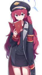 Rule 34 | 1girl, armband, black hat, black jacket, black ribbon, black shirt, black skirt, blouse, blue archive, blush, book, hair between eyes, hair ribbon, halo, hat, highres, holding, holding book, iroha (blue archive), jacket, long hair, long sleeves, looking at viewer, military, military hat, military jacket, military uniform, necktie, nieun3568, open clothes, open jacket, peaked cap, red hair, red necktie, ribbon, safety pin, shirt, skirt, sleeves past fingers, sleeves past wrists, smile, solo, uniform, very long hair, white background