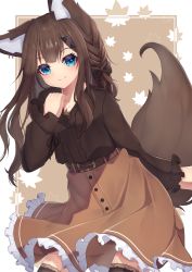 Rule 34 | 1girl, absurdres, animal ear fluff, animal ears, braid, brown background, brown hair, brown skirt, brown thighhighs, closed mouth, fox ears, fox girl, fox tail, frilled skirt, frills, hand up, highres, hinata (user rjkt4745), lace, lace-trimmed legwear, lace trim, leaf, leaf background, long hair, long sleeves, original, skirt, sleeves past wrists, smile, solo, tail, thighhighs, two-tone background, white background