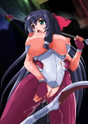 Rule 34 | 1girl, arrow (projectile), asama tomo, blue hair, bodysuit, breasts, censored, female focus, fingerless gloves, gloves, hair ornament, heterochromia, highres, kyoukaisenjou no horizon, large breasts, long hair, nipples, open mouth, pussy, solo, standing, sweat, weapon, wet