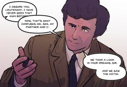 Rule 34 | 1boy, ai the somnium files, cigar, collared shirt, columbo, lieutenant columbo, commentary, crossover, english commentary, english text, formal, hannahp0calypse, heterochromia, long sleeves, male focus, necktie, shirt, solo, speech bubble, suit, upper body, white shirt