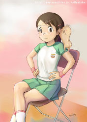 Rule 34 | 00s, 1boy, 1girl, aisha callaaisha, artist name, brown eyes, brown hair, chair, child, clothed female nude male, creature, creature on shoulder, crossed legs, dennou coil, facial hair, feet out of frame, flat chest, folding chair, glasses, goggles, gradient background, green skirt, green sleeves, hands on own hips, hashimoto fumie, looking at viewer, matching hair/eyes, miniskirt, mustache, nude, on shoulder, oyaji (dennou coil), raglan sleeves, shirt, simple background, sitting, skirt, socks, solo, t-shirt, watermark, web address, white socks, wristband