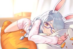 Rule 34 | 1girl, animal ear fluff, animal ears, blue hair, braid, carrot-shaped pillow, cellphone, closed mouth, glasses, highres, holding, holding phone, hololive, light blue hair, long hair, low twin braids, lying, maru039, midriff, nail polish, navel, on bed, on stomach, one eye closed, orange eyes, orange nails, pajamas, phone, pink shorts, rabbit ears, rabbit girl, short eyebrows, short shorts, shorts, smartphone, smile, solo, stomach, swept bangs, symbol-shaped pupils, thick eyebrows, twin braids, usada pekora, virtual youtuber