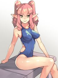 Rule 34 | 1girl, bare arms, bare legs, bare shoulders, blue one-piece swimsuit, braid, breasts, closed mouth, competition swimsuit, covered navel, elf, green eyes, highres, long hair, looking at viewer, medium breasts, one-piece swimsuit, original, perky breasts, pink hair, pointy ears, sitting, smile, solo, swimsuit, twin braids, vins-mousseux