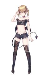 Rule 34 | 1girl, absurdres, asymmetrical legwear, bare arms, black choker, black footwear, black nails, black shorts, black thighhighs, blonde hair, boots, choker, collarbone, crop top, demon tail, ear piercing, earrings, full body, hair between eyes, highres, horns, jewelry, kenken (keuken), knee boots, looking at viewer, medium hair, nail polish, navel, open clothes, open shorts, original, piercing, pointy ears, red eyes, short shorts, shorts, simple background, solo, standing, tachi-e, tail, thighhighs, twintails, v, white background