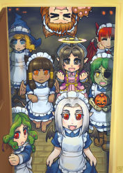 Rule 34 | &gt; &lt;, 6+girls, :3, :d, ^ ^, animal ears, animal hands, bat wings, blonde hair, blue eyes, brown hair, child, closed eyes, dragon wings, fang, fang out, fangs, green hair, halloween, halo, hat, horns, kensaint, looking at viewer, maid, maid headdress, monster girl, multiple girls, open mouth, orange eyes, original, peeking out, pointy ears, pumpkin, red eyes, red hair, skirt hold, smile, snake hair, stitches, tail, upside-down, white hair, wings, witch hat, xd, yellow eyes