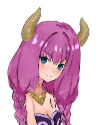Rule 34 | 1girl, aura (sousou no frieren), blue eyes, blush, braid, breasts, choker, cleavage, commentary, demon girl, demon horns, dress, horns, joylispark, looking at viewer, looking to the side, low-braided long hair, low-tied long hair, medium breasts, purple dress, purple hair, simple background, smile, solo, sousou no frieren, twin braids, upper body, white background, yellow choker