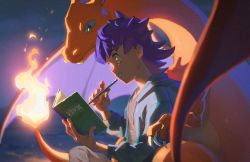 Rule 34 | 1boy, aged down, blurry, book, charizard, commentary request, creatures (company), dark-skinned male, dark skin, fire, flame-tipped tail, from side, game freak, gen 1 pokemon, grey pants, grey shirt, grin, holding, holding book, holding pencil, hood, hood down, hoodie, leon (pokemon), male focus, meipu hm, nintendo, open clothes, open hoodie, pants, pencil, pokemon, pokemon (creature), pokemon swsh, purple hair, shirt, smile, teeth, yellow eyes