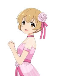 Rule 34 | 1girl, brown eyes, brown hair, choker, commentary request, dress, flat chest, flower, hair between eyes, hair flower, hair ornament, hair ribbon, hands up, highres, idolmaster, idolmaster cinderella girls, idolmaster cinderella girls u149, interlocked fingers, koga koharu, light blush, looking at viewer, matcha kingyo, open mouth, pink choker, pink dress, pink ribbon, puffy short sleeves, puffy sleeves, ribbon, see-through, see-through sleeves, short hair, short sleeves, smile, solo, upper body, white background