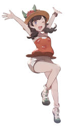 Rule 34 | 1girl, ;d, absurdres, arms up, blush, brown hair, brown hat, camisole, creatures (company), eyelashes, floral print, flower, full body, game freak, grey eyes, grey shorts, hat, hat flower, highres, knees, leg up, nintendo, odd (hin yari), one eye closed, open mouth, orange camisole, pokemon, pokemon usum, selene (pokemon), shoes, shorts, simple background, smile, solo, spread fingers, teeth, tongue, twintails, white background