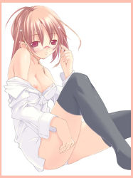 Rule 34 | 1girl, black thighhighs, bottomless, breasts, brown hair, glasses, nipples, open clothes, open shirt, red eyes, shirt, small breasts, solo, thighhighs, togami masaki