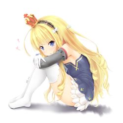 Rule 34 | 1girl, absurdres, azur lane, bare shoulders, black hairband, blonde hair, blue dress, blue eyes, blush, bow, commentary request, crown, dress, full body, gloves, hair bow, hairband, heart, highres, hugging own legs, long hair, looking at viewer, looking to the side, maru shion, mini crown, no shoes, parted lips, queen elizabeth (azur lane), ringlets, shadow, signature, sitting, solo, striped clothes, striped hairband, thighhighs, very long hair, white background, white bow, white gloves, white thighhighs