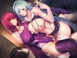 Rule 34 | 1boy, 2girls, bath, bathroom, bikini, bisexual female, breasts, brynhildr (cheer for master) (fate), brynhildr (fate), censored, cheerleader, cleavage, competition swimsuit, cooperative grinding, covered erect nipples, covered navel, crop top, curtains, elbow gloves, fate/empire of dirt, fate/grand order, fate (series), ffm threesome, game cg, gloves, grinding, group sex, hair between eyes, hetero, highleg, highleg bikini, indoors, long hair, lun7732, micro bikini, microskirt, mosaic censoring, multiple girls, navel, necktie, non-web source, one-piece swimsuit, penis, pleated skirt, purple gloves, purple hair, purple legwear, red eyes, sandwiched, scathach (fate), skirt, smile, steam, swimsuit, threesome, very long hair, white gloves, white legwear