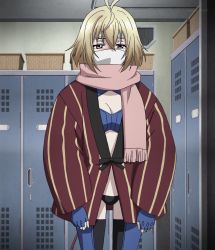 Rule 34 | 10s, 1girl, angelise ikaruga misurugi, blonde hair, coat, cross ange, highres, mask, mouth mask, red eyes, screencap, short hair, solo, surgical mask, thighhighs, winter clothes, winter coat