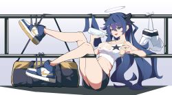 Rule 34 | 1girl, absurdres, arknights, black halo, black shorts, blue background, blue eyes, blue footwear, blue hair, bottle, breasts, crop top, dark halo, demon horns, gym uniform, halo, highres, holding, holding bottle, horns, long hair, medium breasts, mostima (arknights), nike (company), postalworks, pouring, pouring onto self, see-through, shirt, shoes, shorts, simple background, sneakers, solo, thighs, water, wet, wet clothes, wet shirt, white shirt