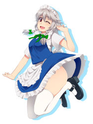 Rule 34 | 1girl, apron, ass, bad id, bad pixiv id, braid, hayashi custom, highres, izayoi sakuya, jumping, maid, maid apron, maid headdress, mary janes, one eye closed, open mouth, red eyes, shirt, shoes, short sleeves, silver hair, skirt, skirt set, smile, solo, thighhighs, thighs, touhou, twin braids, vest, waist apron, white thighhighs