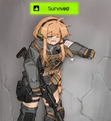Rule 34 | against wall, assault rifle, bandages, bandaid, bandaid on face, bandaid on nose, blood, bruise, bruise on face, bulletproof vest, ear protection, escape from tarkov, gloves, grey eyes, gun, headset, highres, holding, holding gun, holding weapon, indie virtual youtuber, injury, jacket, knee pads, load bearing vest, long braid, long hair, magazine (weapon), medium bangs, one eye closed, open mouth, optical sight, orange hair, rifle, second-party source, shorts, suppressor, tactical clothes, thigh strap, two-tone gloves, weapon, whiskey project, xerbatt, zipper, zipper pull tab
