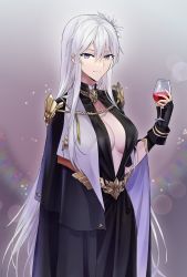 Rule 34 | 1girl, absurdres, alcohol, azur lane, black dress, black gloves, breasts, center opening, coat, coat on shoulders, cup, dress, drinking glass, enterprise (azur lane), enterprise (heroic finery) (azur lane), evening gown, fingerless gloves, gloves, gold, hair between eyes, highres, large breasts, light smile, long dress, long hair, looking at viewer, purple eyes, sash, silver hair, solo, suprii, very long hair, wine, wine glass