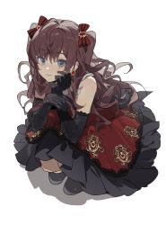 Rule 34 | 1girl, absurdres, black gloves, blue eyes, brown hair, dress, earrings, elbow gloves, eyelashes, frilled dress, frilled gloves, frilled sleeves, frills, full body, gloves, hand on own cheek, hand on own face, highres, ichinose shiki, idolmaster, idolmaster cinderella girls, jewelry, long hair, looking at viewer, patterned clothing, red dress, shadow, short sleeves, simple background, smile, solo, squatting, two side up, wavy hair, white background, zhibuji loom