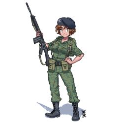 Rule 34 | 1girl, absurdres, ammunition pouch, beret, black footwear, black hat, boots, brown eyes, brown hair, camouflage, camouflage jacket, camouflage pants, chile, closed mouth, cross-laced footwear, full body, gun, hand on own hip, hat, highres, holding, holding gun, holding weapon, jacket, l1a1, lace-up boots, looking at viewer, military, military hat, military uniform, original, ostwindprojekt, pants, pouch, shadow, short hair, simple background, sleeves rolled up, smile, solo, uniform, weapon, white background