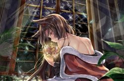 Rule 34 | 1girl, animal ears, back, bare shoulders, blurry, blush, broken glass, brown hair, closed mouth, crown, depth of field, from behind, fur trim, glass, glitter, glowing, imaizumi kagerou, indoors, kakao rantan, light particles, long hair, long sleeves, looking at viewer, moonlight, off shoulder, plant, potted plant, profile, red eyes, royal robe, solo, sunlight, touhou, upper body, wavy mouth, wide sleeves, wolf ears, wolf girl