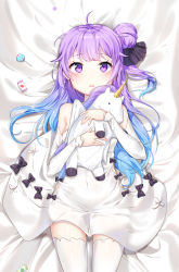 Rule 34 | 1girl, ahoge, azur lane, bad id, bad pixiv id, black bow, black ribbon, blue hair, blush, bow, candy, commentary request, detached sleeves, dress, food, gradient hair, hair bun, hair ribbon, highres, lollipop, long hair, long sleeves, looking at viewer, lying, moong gya, multicolored hair, hugging object, on back, one side up, parted lips, purple eyes, purple hair, ribbon, side bun, single hair bun, single side bun, sleeveless, sleeveless dress, solo, star (symbol), stuffed animal, stuffed pegasus, stuffed toy, stuffed unicorn, stuffed winged unicorn, thighhighs, unicorn (azur lane), very long hair, white dress, white thighhighs