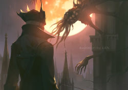 Rule 34 | 1other, ambiguous gender, amygdala (bloodborne), artist name, bloodborne, brown cloak, building, cloak, cloud, commentary, extra arms, from behind, hat, hunter (bloodborne), jlien-, long arms, monster, moon, outdoors, red moon, short hair, sky, tentacles, tricorne