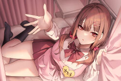 Rule 34 | 1girl, arm up, bed, black socks, blunt bangs, blurry, blurry background, blush, bow, bowtie, brown hair, collared shirt, curtains, danimaru, depth of field, from above, hair between eyes, hair ornament, hair scrunchie, hairclip, highres, holding, indoors, infirmary, kneehighs, long hair, long sleeves, looking at viewer, low twintails, no shoes, on bed, original, outstretched hand, parted lips, pleated skirt, red bow, red bowtie, red eyes, red scrunchie, red skirt, school uniform, scrunchie, shirt, sidelocks, skirt, socks, solo, strap slip, table, twintails, white shirt