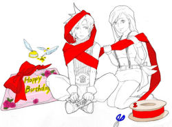 Rule 34 | 1990s (style), cake, cloud strife, final fantasy, final fantasy vii, food, happy birthday, partially colored, quill pen, ribbon, scissors, tifa lockhart