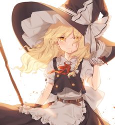 Rule 34 | 1girl, apron, belt, black hat, black skirt, blonde hair, bow, braid, broom, buttons, gloves, hair bow, hajin, hat, hat bow, kirisame marisa, long hair, looking at viewer, red ribbon, ribbon, side braid, simple background, single braid, skirt, skirt set, solo, touhou, vest, waist apron, white background, white bow, white gloves, witch hat, yellow eyes