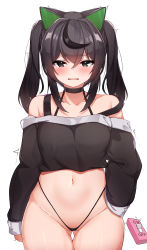 Rule 34 | 1girl, 5danny1206, absurdres, animal ears, black choker, black eyes, black hair, blush, cat ears, choker, collarbone, gluteal fold, hand on own hip, highres, long sleeves, looking at viewer, navel, original, sex toy, short hair, simple background, solo, tears, thigh gap, thighs, twintails, vibrator, white background