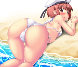 Rule 34 | 1girl, all fours, ass, back, bare shoulders, beach, bikini, blush, breasts, brown eyes, brown hair, cameltoe, closed mouth, commentary request, day, enemy naval mine (kancolle), from behind, hase yu, hat, kantai collection, looking at viewer, looking back, outdoors, sailor hat, sand, shiny skin, short hair, side-tie bikini bottom, small breasts, solo, swimsuit, water, white bikini, z3 max schultz (kancolle)