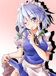 Rule 34 | 1girl, ;), apron, black ribbon, blue dress, blue eyes, blush, bow, braid, breasts, clothes lift, commentary request, dress, dress lift, finger to mouth, frilled apron, frills, gradient background, green bow, hair between eyes, hair bow, hand up, head tilt, highres, index finger raised, izayoi sakuya, lifted by self, looking at viewer, maid, maid apron, maid headdress, medium breasts, neck ribbon, one eye closed, oshiaki, petticoat, pink background, puffy short sleeves, puffy sleeves, ribbon, short sleeves, silhouette, silver hair, smile, solo, standing, touhou, twin braids, upper body, white apron, white background, wing collar