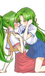 2girls absurdres blue_skirt blush bow chgul_v closed_mouth constricted_pupils flustered food food_in_mouth girl_on_top green_eyes green_hair hair_bow hand_in_own_hair hand_on_another&#039;s_neck highres higurashi_no_naku_koro_ni holding holding_food holding_pocky incest incoming_pocky_kiss long_hair multiple_girls pocky pocky_in_mouth ponytail red_skirt school_uniform shirt siblings simple_background sitting sitting_on_person skirt sonozaki_mion sonozaki_shion twincest twins white_background white_shirt yuri