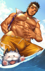 Rule 34 | 1boy, abs, absurdres, arkapami, bara, bare pectorals, beard, black hair, blue eyes, closed mouth, cloud, cropped jacket, day, dutch angle, facial hair, hand on own stomach, highres, jacket, jarvan iv (league of legends), large pectorals, league of legends, looking at viewer, male focus, male swimwear, muscular, muscular male, navel, nipples, open clothes, open jacket, outdoors, partially submerged, pectorals, poro (league of legends), purple jacket, short hair, sideburns, sky, summer, swim trunks, swimsuit, water, yellow male swimwear, yellow swim trunks