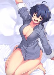 Rule 34 | 1girl, ahoge, arm at side, artist name, bad id, bad twitter id, bare legs, barefoot, bed sheet, black hair, blue eyes, blue shirt, breasts, cleavage, collarbone, collared shirt, dress shirt, hair between eyes, half-closed eyes, hand up, jjune, long sleeves, medium breasts, messy hair, no bra, on bed, one eye closed, open clothes, open mouth, open shirt, original, pajamas, pillow, shirt, short hair, sitting, sleepy, sleeves pushed up, solo, stretching, tearing up, tears, teeth, thigh gap, tongue, waking up, wariza, yawning