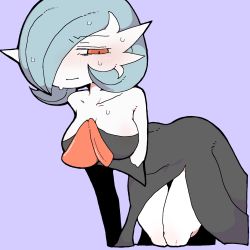 Rule 34 | 1girl, alternate color, averting eyes, bare shoulders, black dress, black gloves, blue hair, blush, bob cut, breasts, closed mouth, collarbone, colored skin, cowboy shot, creatures (company), cropped legs, dress, elbow gloves, embarrassed, female focus, game freak, gardevoir, gen 3 pokemon, gloves, hair over one eye, half-closed eyes, hand up, highres, jaggy lines, leaning forward, looking down, looking to the side, medium breasts, mega gardevoir, mega pokemon, nintendo, nose blush, one eye covered, pokemon, pokemon (creature), purple background, red eyes, shiny pokemon, short hair, simple background, solo, standing, strapless, strapless dress, sweat, thighs, white skin, yamada (pixiv 24040206)