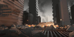 Rule 34 | absurdres, building, chihuri, crosswalk, damaged, day, debris, fire, highres, lamppost, no humans, outdoors, road, scenery, skyscraper, smoke, street, vocaloid