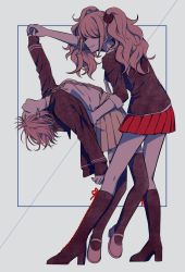 Rule 34 | 2girls, arm up, bear hair ornament, black shirt, boots, brown footwear, brown hair, brown jacket, closed mouth, corpse, dancing, danganronpa: trigger happy havoc, danganronpa (series), danganronpa 2: goodbye despair, enoshima junko, from side, grey background, hair ornament, highres, holding hands, jacket, jun (jung rk), knee boots, long hair, long sleeves, miniskirt, multiple girls, nanami chiaki, neck ribbon, necktie, pink footwear, pink ribbon, pleated skirt, red skirt, ribbon, shirt, shirt tucked in, shoes, short hair, simple background, skirt, smile, standing, thighhighs, twintails, two-tone shirt, white shirt