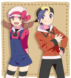 Rule 34 | 1boy, 1girl, backwards hat, bad id, bad pixiv id, baseball cap, black hair, black pants, blue overalls, blush, border, bow, brown background, brown eyes, brown hair, cabbie hat, closed mouth, commentary request, creatures (company), ethan (pokemon), framed, game freak, grey eyes, hand on own hip, hat, hat bow, holding, holding poke ball, jacket, long hair, long sleeves, lyra (pokemon), nintendo, overalls, pants, poke ball, poke ball (basic), pokemon, pokemon hgss, pumpkinpan, red bow, red jacket, red shirt, shirt, short hair, smile, split mouth, thighhighs, twintails, white border, white headwear, white thighhighs