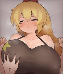 Rule 34 | 2girls, alternate breast size, black tank top, blush, bow, breasts, bright pupils, cleavage, commentary request, cookie (touhou), covered erect nipples, deep skin, female pov, grabbing, grabbing another&#039;s breast, hair between eyes, hair bow, half-closed eyes, highres, huge breasts, joker (cookie), kirisame marisa, long bangs, long hair, looking to the side, madore, mizuhashi parsee, multiple girls, open mouth, pov, red bow, red eyes, solo focus, star (symbol), star print, suzu (cookie), tank top, touhou, unusually open eyes, upper body, white pupils, yuri