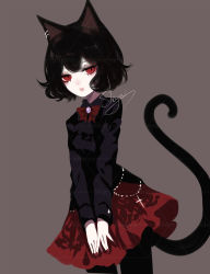 Rule 34 | 1girl, animal ears, artist name, bad id, bad pixiv id, black hair, black pantyhose, black shirt, bow, bowtie, brooch, cat ears, cat tail, commentary, cowboy shot, fangs, grey background, highres, jewelry, long sleeves, looking at viewer, miniskirt, nail polish, open mouth, original, pantyhose, red bow, red bowtie, red eyes, red nails, red skirt, sheya, shirt, short hair, signature, simple background, skirt, solo, standing, symbol-only commentary, tail