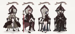 Rule 34 | 2boys, 2girls, armchair, black cape, black coat, black dress, black footwear, black gloves, black hair, black ribbon, blonde hair, blue eyes, blue hair, breasts, brown hair, cape, chair, character name, closed mouth, coat, crossed legs, crown, cup, dress, english text, engrish text, gloves, godric gryffindor, grey legwear, hair between eyes, hair over one eye, harry potter (series), hat, head rest, helga hufflepuff, high heels, highres, holding, holding sword, holding weapon, interlocked fingers, jewelry, kneehighs, knees together feet apart, large breasts, light frown, long hair, looking at viewer, mocco, multiple boys, multiple girls, necklace, off shoulder, on chair, one eye covered, own hands together, pendant, puffy sleeves, ranguage, red hair, ribbon, robe, rowena ravenclaw, salazar slytherin, shade, shadow, shoes, short hair, short sleeves, side slit, silver hair, simple background, sitting, sleeves rolled up, smile, smirk, socks, sword, weapon, wide sleeves, witch hat, wizarding world, wrist ribbon, yellow eyes