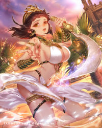 Rule 34 | 1girl, armlet, armpits, bad id, bad pixiv id, black hair, bracer, breasts, building, cleavage, dancer, earrings, egyptian, egyptian clothes, esha, female focus, hair ornament, hat, highres, jewelry, large breasts, looking at viewer, official art, original, revealing clothes, sarong, short hair, sideboob, solo, sword, tenkuu no crystalia, weapon, yellow eyes