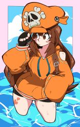 Rule 34 | 1girl, artist name, black gloves, blush, breasts, brown eyes, brown hair, clothing cutout, commentary, dopelenny, english commentary, fingerless gloves, gloves, guilty gear, hand in pocket, hat, highres, hood, hoodie, long hair, may (guilty gear), medium breasts, orange hat, orange hoodie, shoulder cutout, skull and crossbones, solo, very long hair, water