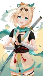 Rule 34 | 1girl, absurdres, aqua eyes, bandages, blonde hair, fingerless gloves, gloves, highres, hololive, kazama iroha, lingmu, looking at viewer, open mouth, ponytail, smile, solo, standing, virtual youtuber