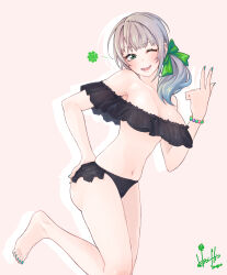 Rule 34 | 1girl, armpits, ass, barefoot, bikini, black bikini, blush, bow, bracelet, breasts, collarbone, dated, eyelashes, feet, foot out of frame, frilled bikini, frills, green bow, green nails, grey hair, hair bow, hand on own ass, hand up, highres, hinamizawa kurumi, hori shin, jewelry, large breasts, legs, long hair, mole, mole under eye, navel, off-shoulder bikini, off shoulder, one eye closed, open mouth, pink background, ponytail, pygmalion. (group), signature, solo, standing, standing on one leg, stomach, swimsuit, teeth, thighs, toes, virtual youtuber, w