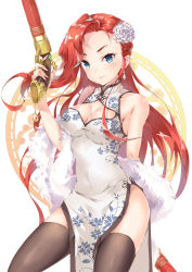 Rule 34 | 1girl, absurdres, arm behind back, black thighhighs, blue eyes, breasts, china dress, chinese clothes, cleavage, cleavage cutout, clothing cutout, covered navel, dress, earrings, floating hair, flower, gun, hair flower, hair ornament, highres, holding, holding gun, holding weapon, jewelry, league of legends, long hair, looking at viewer, medium breasts, miss fortune (league of legends), parted lips, red hair, shiny skin, simple background, sleeveless, sleeveless dress, solo, standing, thighhighs, user tugd3234, very long hair, weapon, white background, white dress, white flower